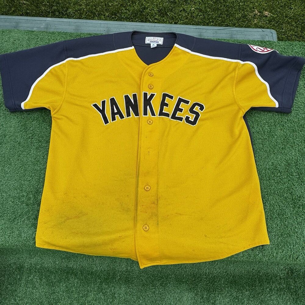 Vintage Starter New York Yankees Jersey Mens XL Yellow Button MLB DISTRESSED